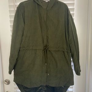 Olive green faux suede jacket with hood